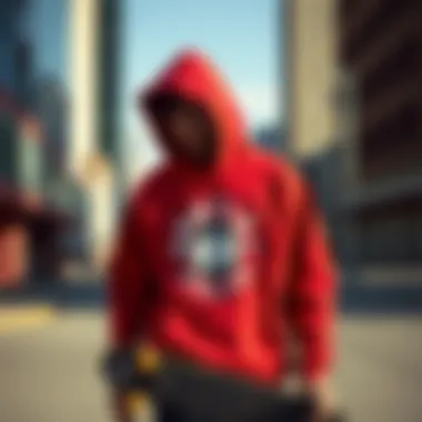 Skateboarder wearing the red Anti Social Social Club hoodie in an urban setting