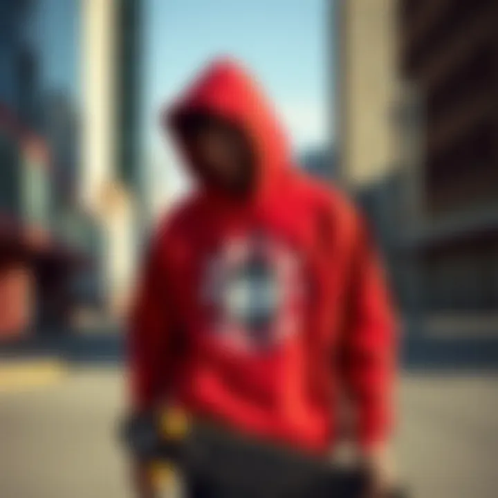 Skateboarder wearing the red Anti Social Social Club hoodie in an urban setting