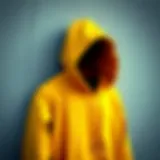 A close-up of a dark yellow hoodie hanging against a textured wall