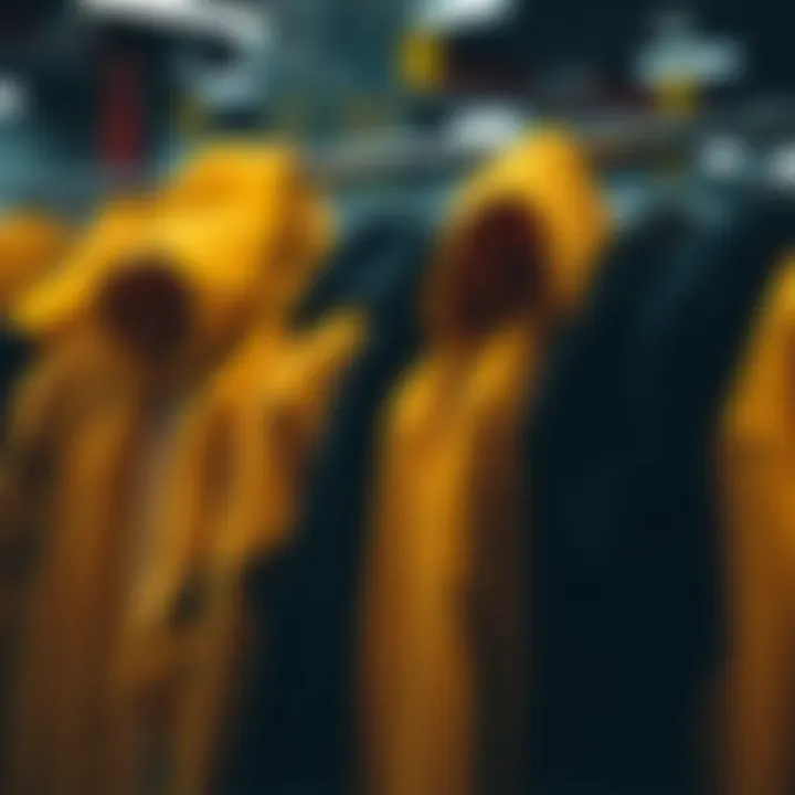 Different styles of dark yellow hoodies displayed on a rack