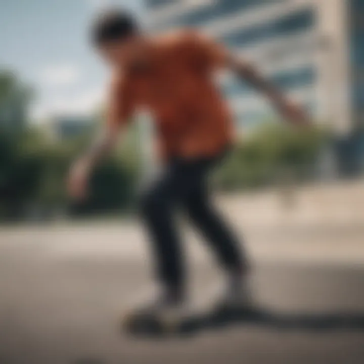 A skateboarder wearing an orange and black flannel shirt performing a trick.