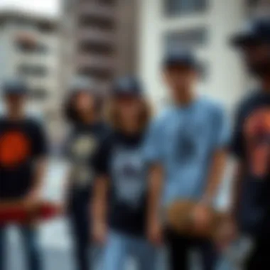 A group of skaters wearing edgy shirts in an urban setting