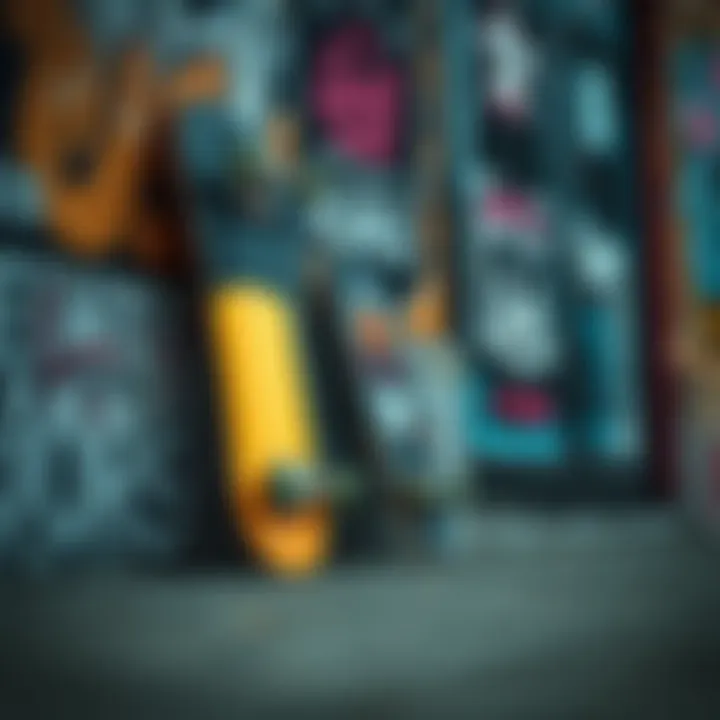 A skateboard leaning against a wall adorned with street art and edgy shirt designs