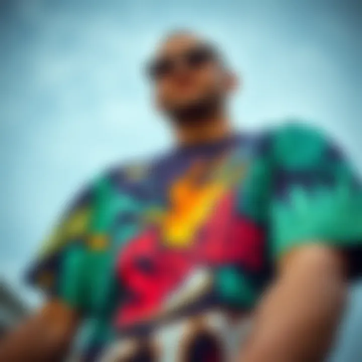 A close-up of a vibrant graphic tee showcasing skateboard art