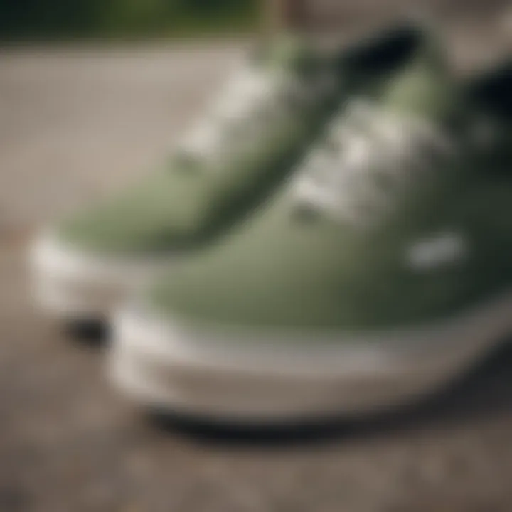 Close-up of army green Vans highlighting craftsmanship