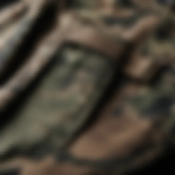 Close-up of camo cargo pants highlighting their durable fabric and pockets