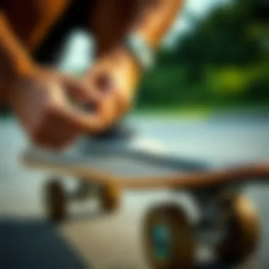 A skateboarder inspecting their chain as part of a routine maintenance check.