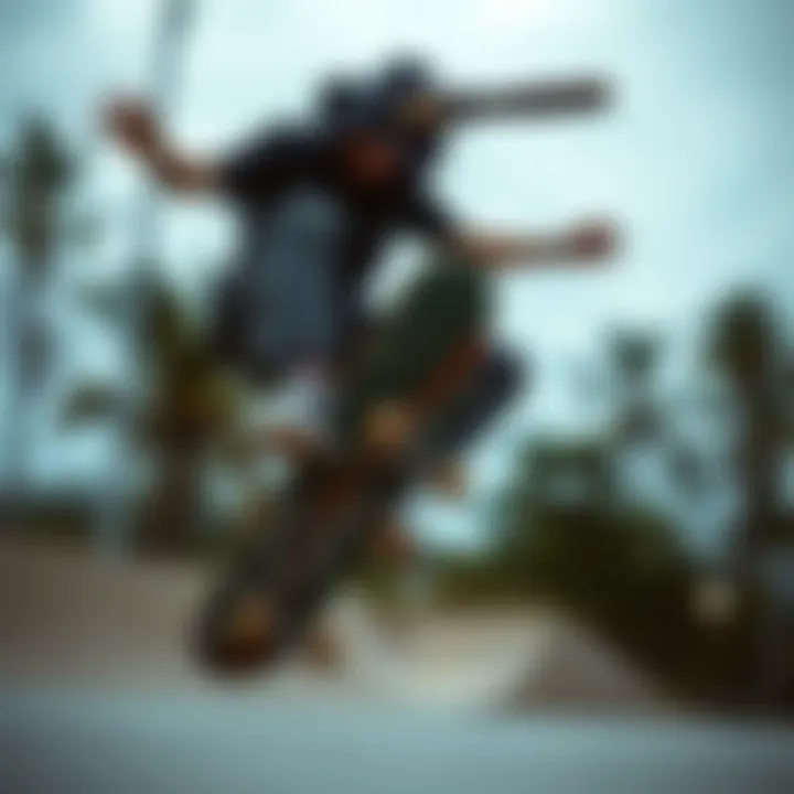 A skateboarder executing a trick while wearing a customized chain.