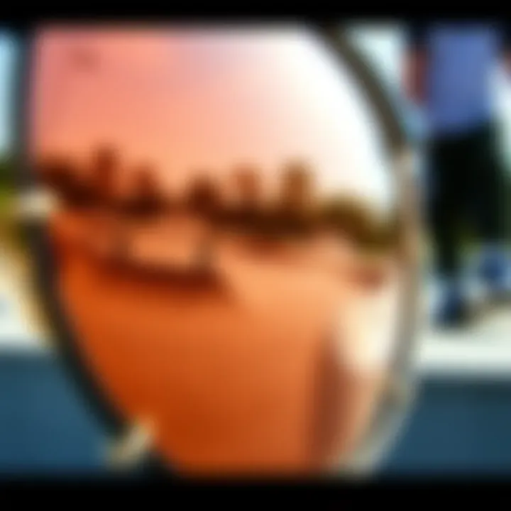 Close-up of metal rim sunglasses reflecting a skate park