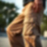 A close-up of stylish cargo pants designed for skateboarding