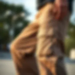 A close-up of stylish cargo pants designed for skateboarding