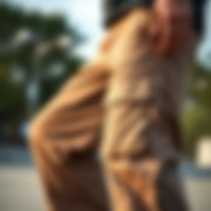 A close-up of stylish cargo pants designed for skateboarding