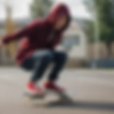 A skater performing tricks while wearing a hooded flannel