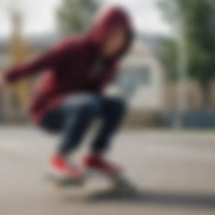 A skater performing tricks while wearing a hooded flannel