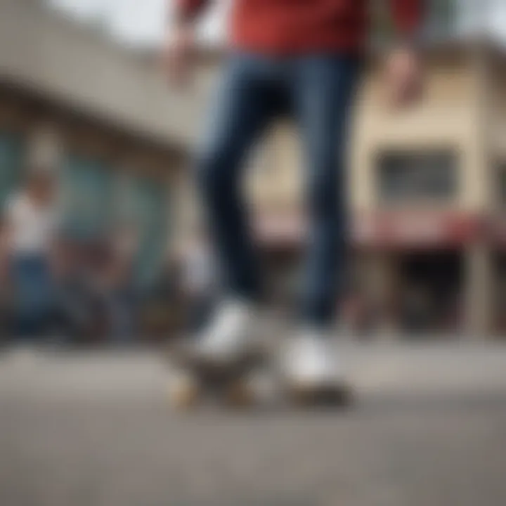 A fashion-forward skate outfit featuring skinny jeans paired with trendy accessories