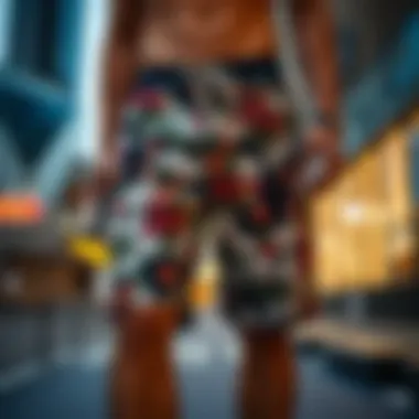 Fashionable boardshorts showcased in a modern urban setting