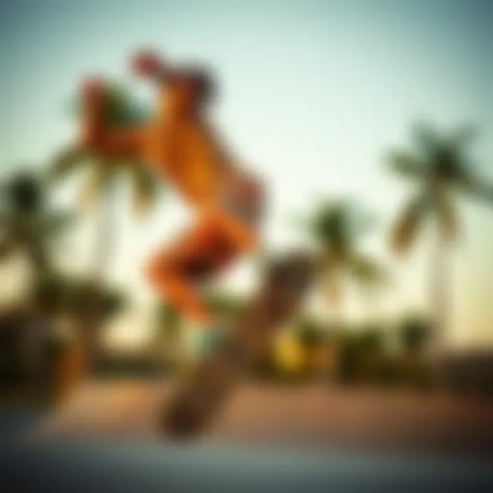A skateboarder performing tricks while wearing boardshorts