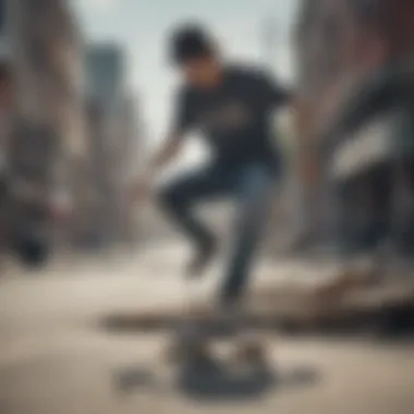 Skater performing tricks in stylish destroyed jeans