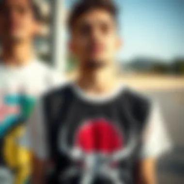 Close-up of graphic tee designs reflecting skate culture