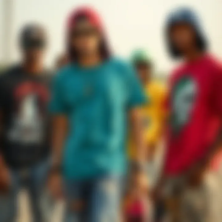 Group of skateboarders showcasing diverse graphic tees