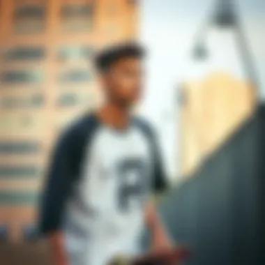 Skateboarder wearing a graphic tee in an urban setting