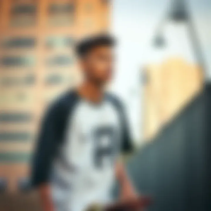 Skateboarder wearing a graphic tee in an urban setting