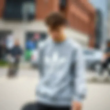 Skateboarder in a Grey Adidas Sweatshirt A skateboarder wearing a grey Adidas sweatshirt in an urban setting