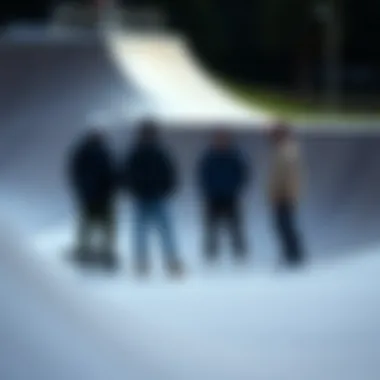 Skaters Sharing Techniques by the Half Pipe A group of skaters discussing techniques and safety tips near a half pipe.