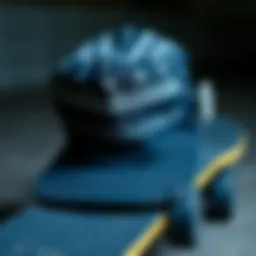 A close-up view of a black bandana hat resting on a skateboard, showcasing its texture and design.