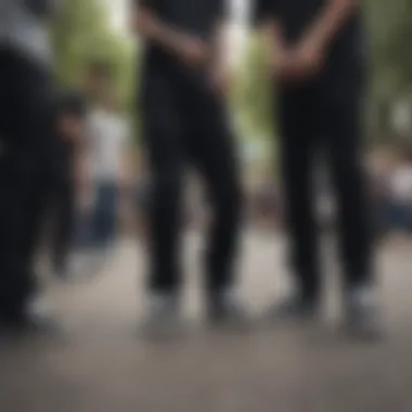 Group of skateboarders gathered, all sporting black suede Vans