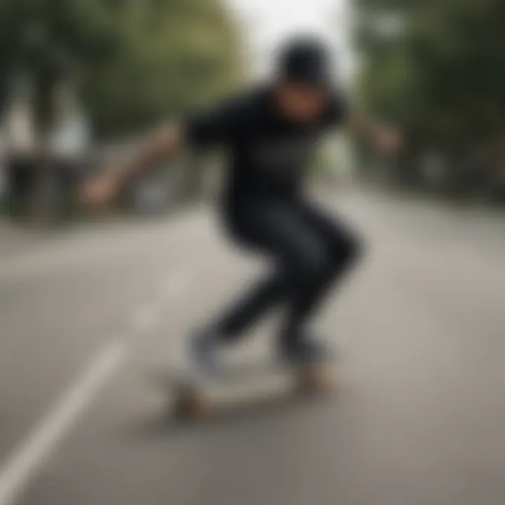 Skateboarder performing a trick while wearing black suede Vans