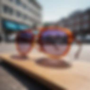 Variety of trendy sunglasses displayed on a skateboard