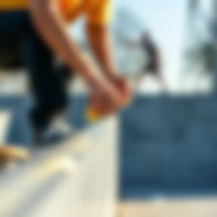 Application of Slick Wax on a Skateboarding Rail Skateboarder applying wax to a rail