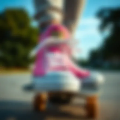 Close-up of Pink Chuck Taylors Close-up of pink Chuck Taylors on a skateboard