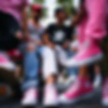 A group of skaters with diverse styles showcasing pink Chuck Taylors