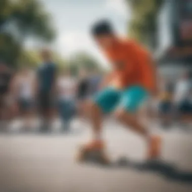 Skaters showcasing their bright shorts during a session