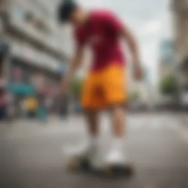 Vibrant skate shorts displayed in an urban setting