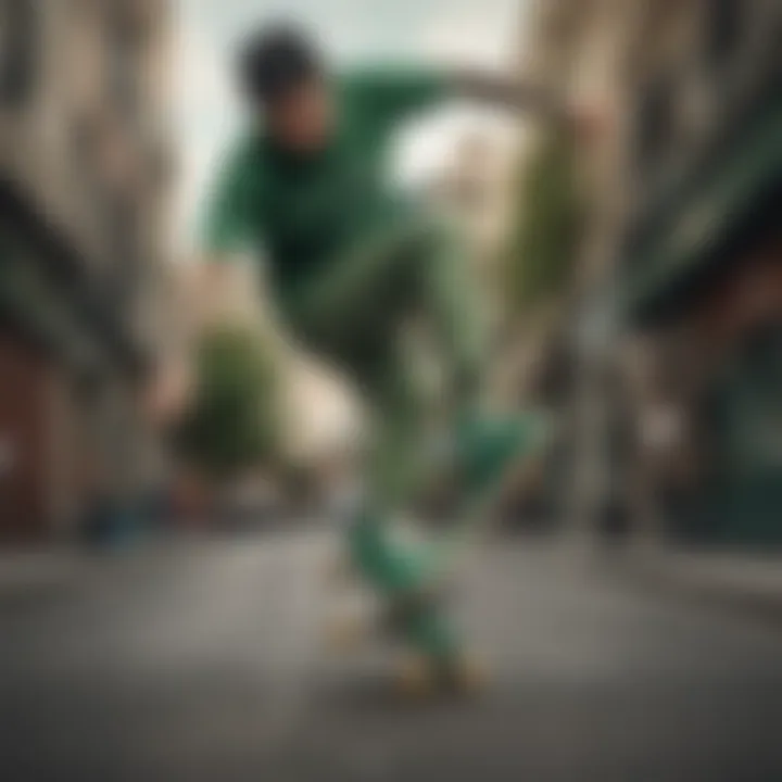 Action shot of a skater performing a trick wearing green vans with gum soles