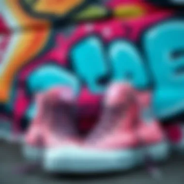 A stylishly arranged display of Pink Hi Converse shoes set against vibrant graffiti, highlighting their aesthetic appeal