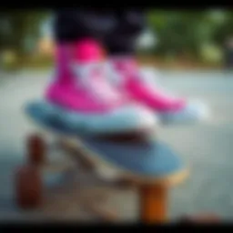 A vibrant pair of Pink Hi Converse shoes placed on a skateboard, showcasing their stylish integration into skate culture