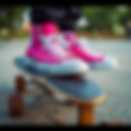 A vibrant pair of Pink Hi Converse shoes placed on a skateboard, showcasing their stylish integration into skate culture