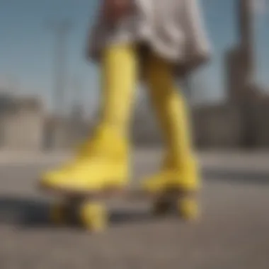 Fashionable skatewear paired with yellow Adidas shoes.