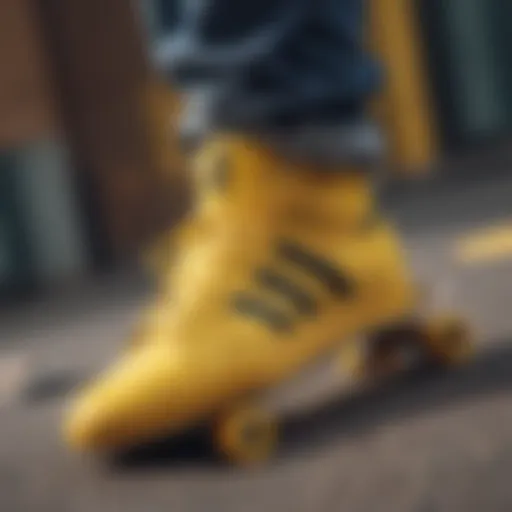 Vibrant yellow Adidas footwear on a skateboard.