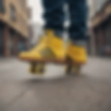 Skateboarders showcasing yellow Adidas footwear at an urban setting.