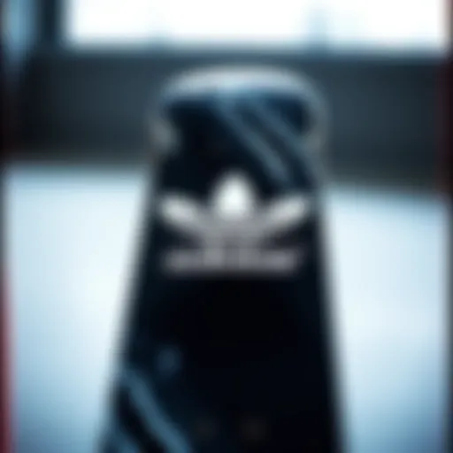 A black and white skateboard featuring the Adidas logo