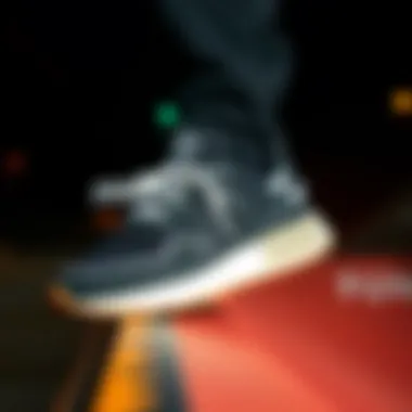 Adidas Sneakers in Action A close-up of black and white Adidas sneakers on a skate ramp