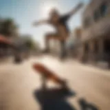 Dynamic skateboarder performing tricks under a blazing sun