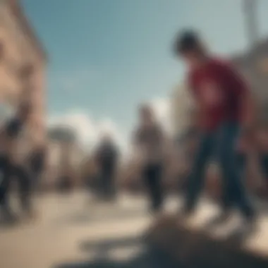 Skateboarders gathered in a vibrant urban setting