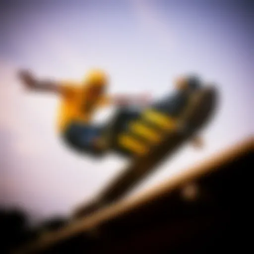 Dynamic skateboarder showcasing black and gold Adidas in mid-air trick