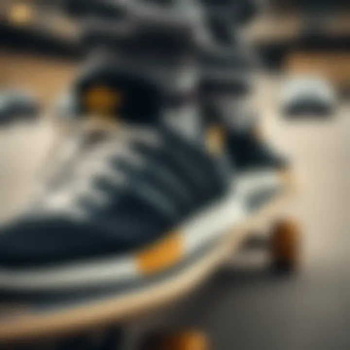 Close-up of black and gold Adidas shoes on a skateboard